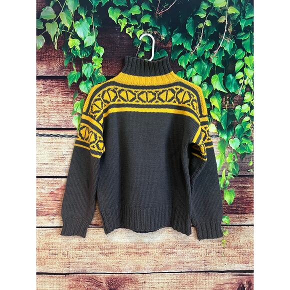 Chunky Knit Ski Sweater Turtleneck Fair Isle Turtleneck Wool Gray Yellow Women L - Picture 1 of 4